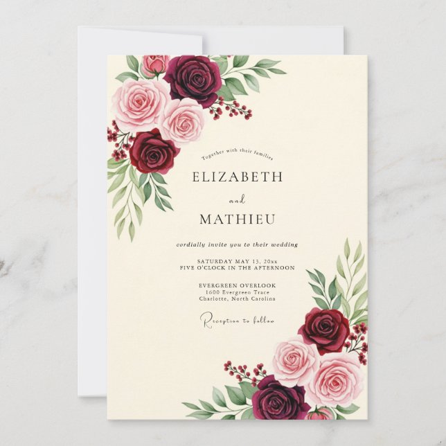 Invitación Boda Botánica Refinada de Borgoña (Anverso)