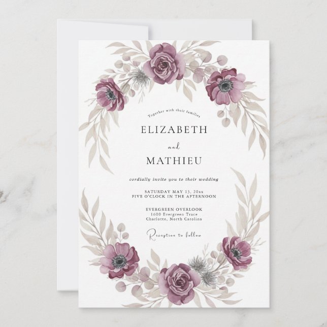 Invitación Boda Botánica Refinada de Ciruela Polvorienta (Anverso)
