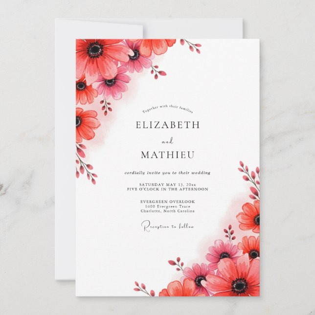 Invitación Boda Botánica Refinada de Coral Rojo (Anverso)