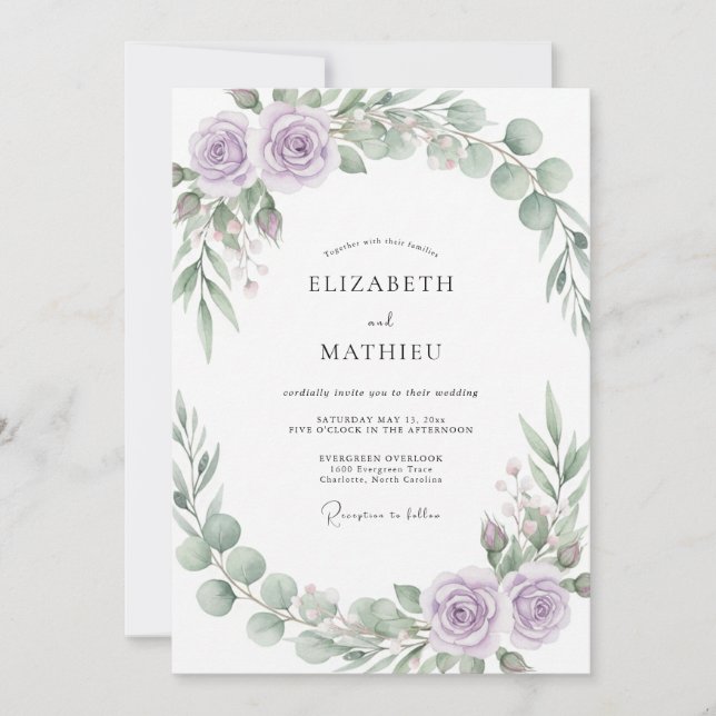 Invitación Boda Botánica Refinada de Lila (Anverso)