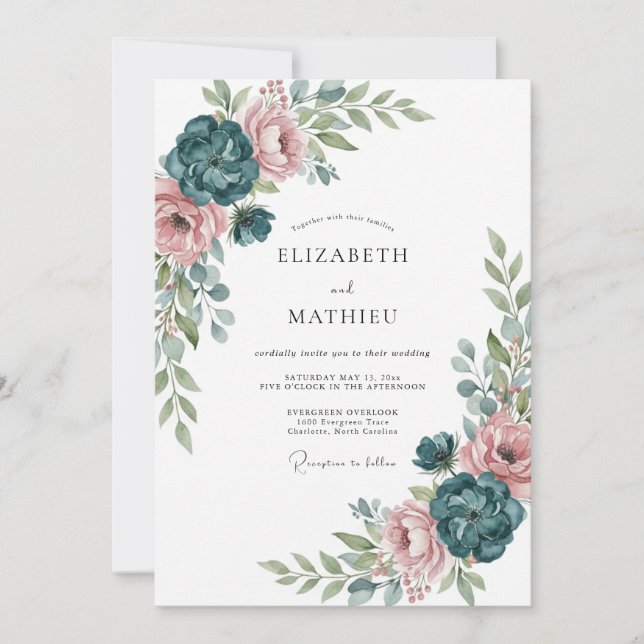 Invitación Boda Botánica Refinada en Verde Azul (Anverso)