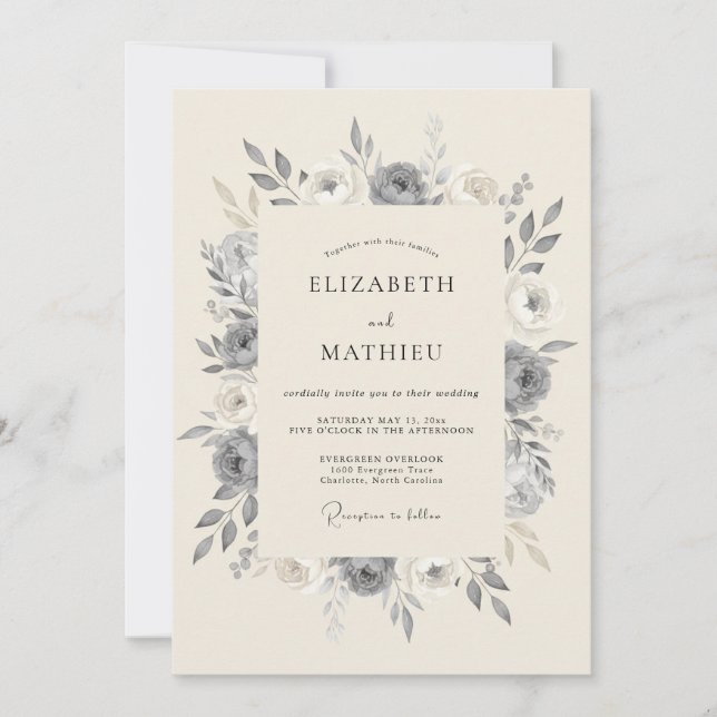 Invitación Boda Botánica Refinada Gris Pizarra (Anverso)