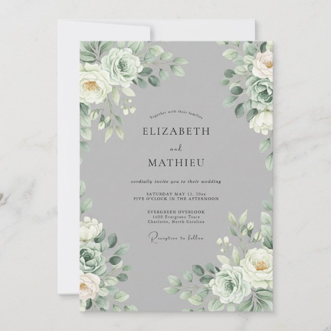 Invitación Boda Botánica Refinada Gris Plateado (Anverso)