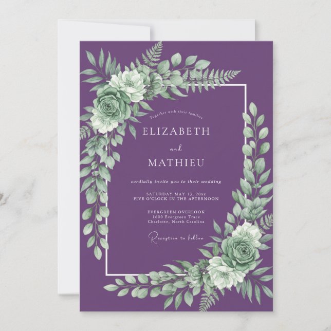 Invitación Boda Botánica Refinada Púrpura (Anverso)