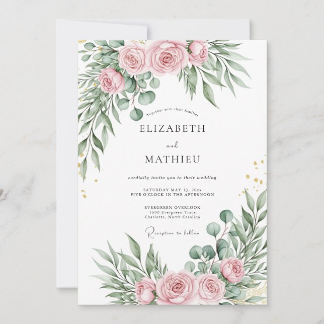 Invitación Boda Botánica Refinada Rosa Rubor (Anverso)