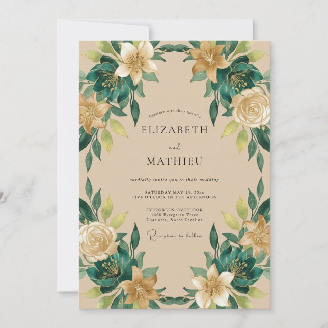 Invitación Boda Botánica Refinada Verde Esmeralda (Anverso)