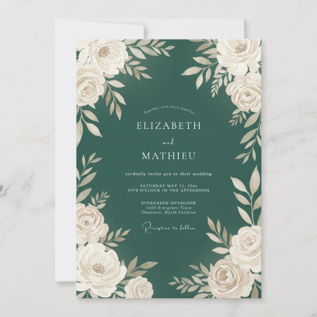 Invitación Boda Botánica Refinada Verde Oscuro (Anverso)