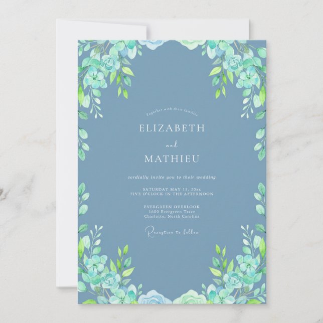 Invitación Boda Botánica Refrescante Azul Pizarra (Anverso)