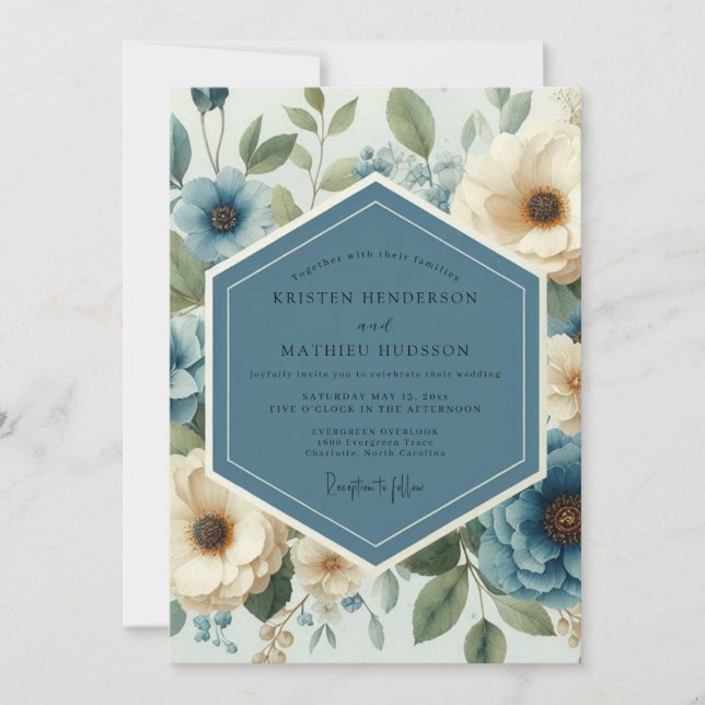 Invitación Boda Botánica Resplandeciente Azul Pizarra (Anverso)