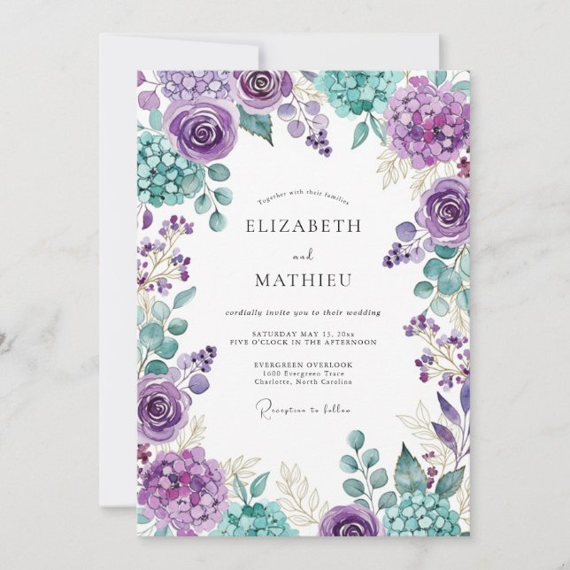 Invitación Boda Botánica Resplandeciente Morada (Anverso)