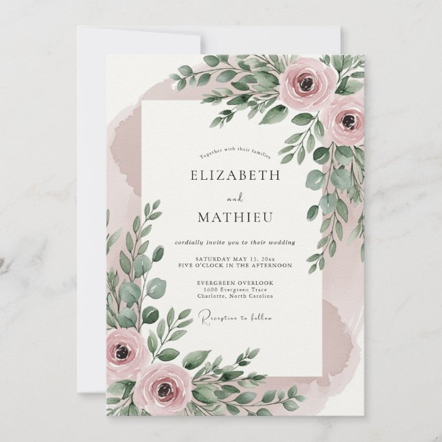 Invitación Boda Botánica Resplandeciente Rosa Rubor (Anverso)