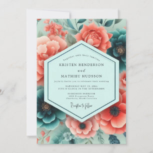 Invitación Boda Botánica Rica Coral Verde Turquesa