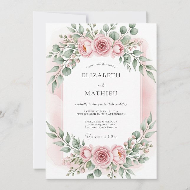 Invitación Boda Botánica Romance con Rubor Rosa (Anverso)