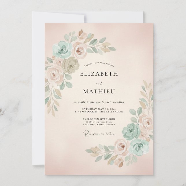 Invitación Boda Botánica Romance de Rosa y Menta (Anverso)
