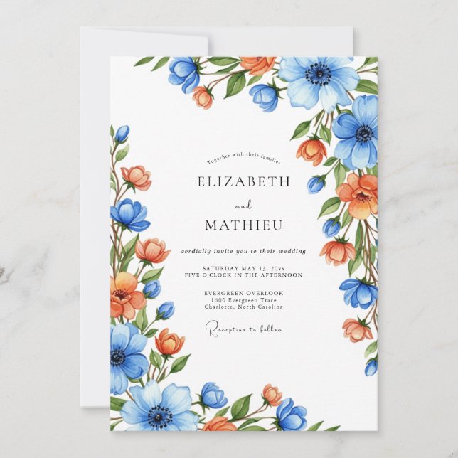 Invitación Boda Botánica Romance Naranja Azul (Anverso)