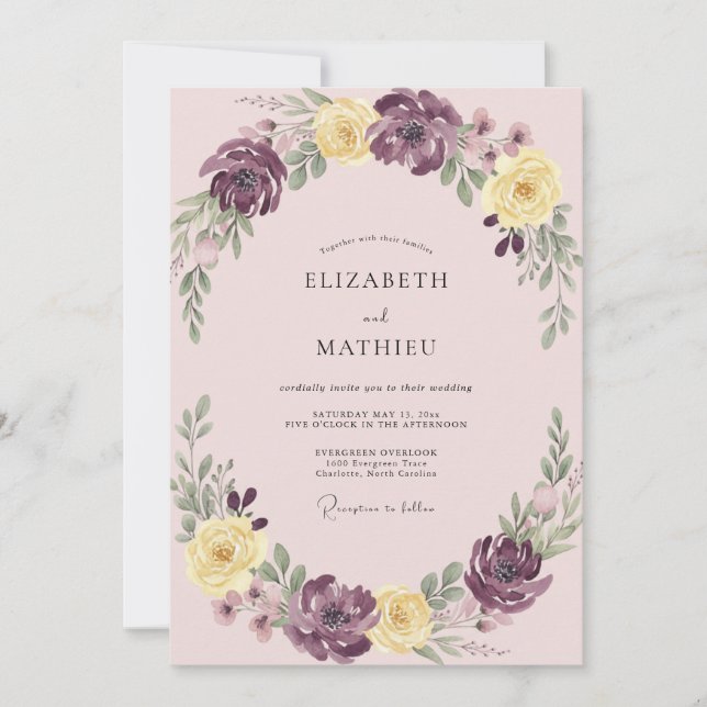 Invitación Boda Botánica Romántica Amarillo Ciruela (Anverso)
