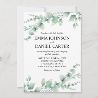 Invitación Boda Botánica Romántica con Verde de Eucalipto
