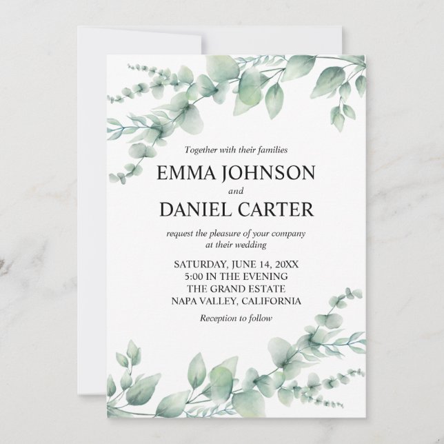 Invitación Boda Botánica Romántica con Verde de Eucalipto (Anverso)