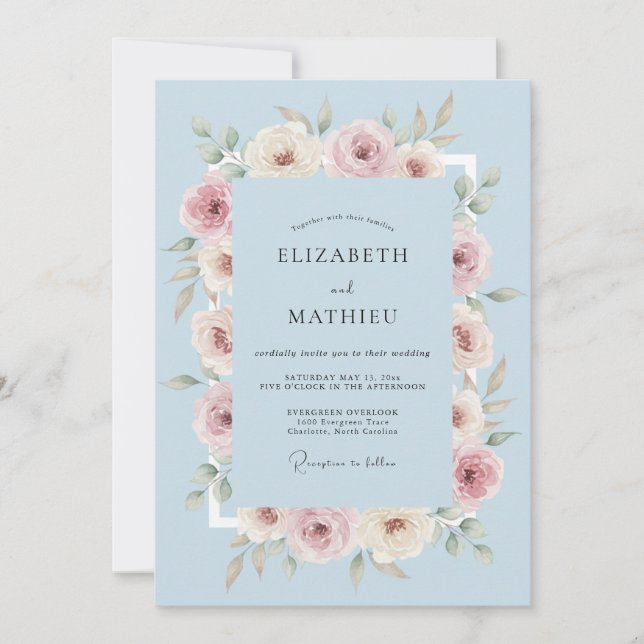 Invitación Boda Botánica Romántica de Azul Claro (Anverso)