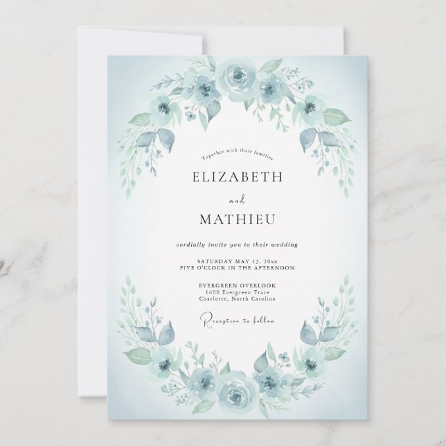 Invitación Boda Botánica Romántica de Azul Hielo (Anverso)