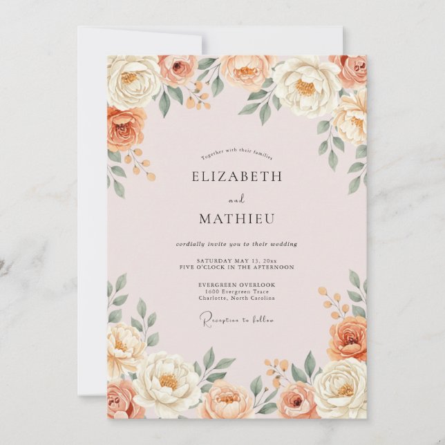 Invitación Boda Botánica Romántica de Melocotón (Anverso)