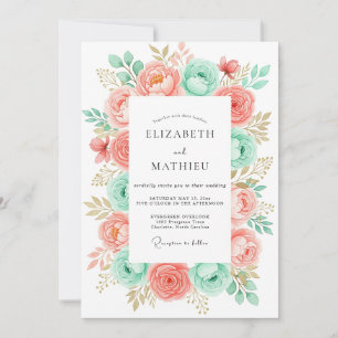 Invitación Boda Botánica Romántica de Menta Coral