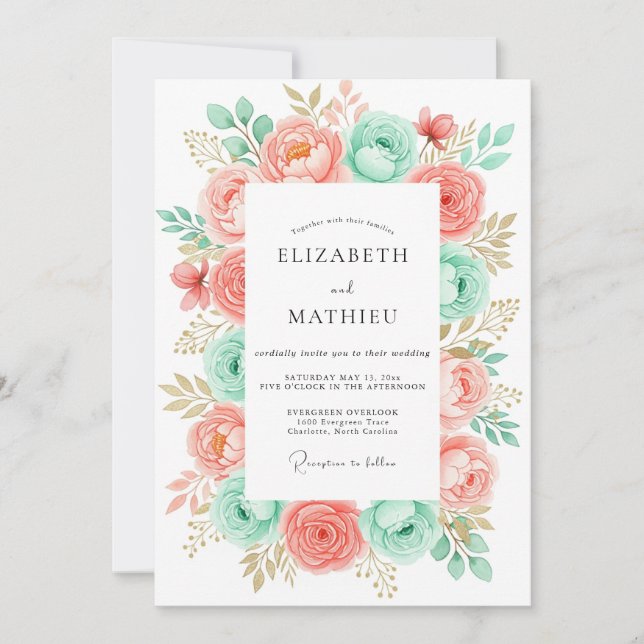 Invitación Boda Botánica Romántica de Menta Coral (Anverso)