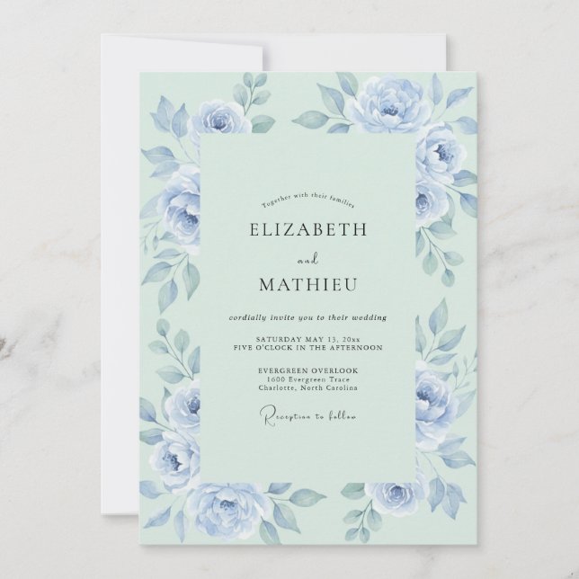 Invitación Boda Botánica Romántica de Menta Periwinkle (Anverso)