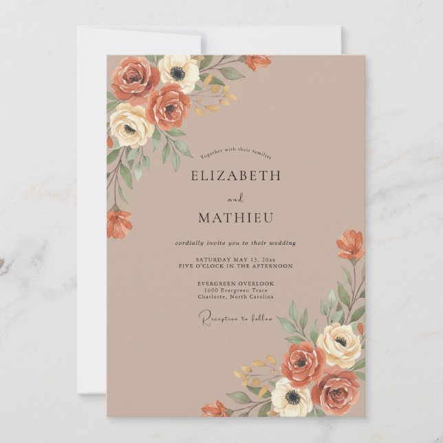 Invitación Boda Botánica Romántica de Naranja Quemada (Anverso)