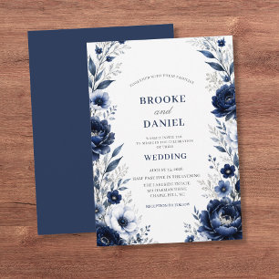 Invitación Boda Botánica Romántica de Peonía Navy Plata