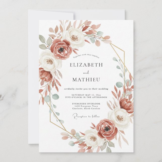 Invitación Boda Botánica Romántica de Terracota (Anverso)