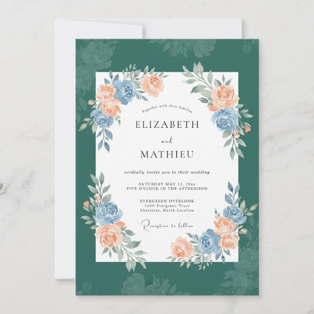 Invitación Boda Botánica Romántica de Verde Teal Profundo (Anverso)