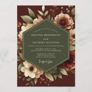 Invitación Boda Botánica Romántica Granate
