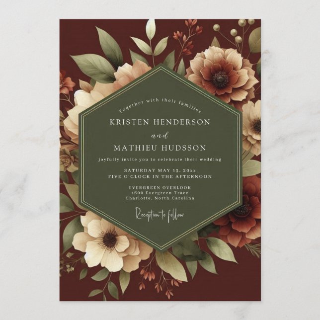Invitación Boda Botánica Romántica Granate (Anverso)