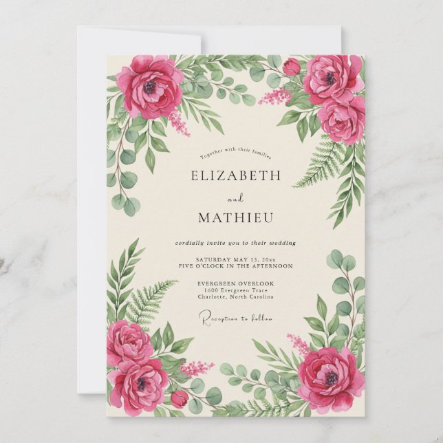 Invitación Boda Botánica Romántica Magenta (Anverso)