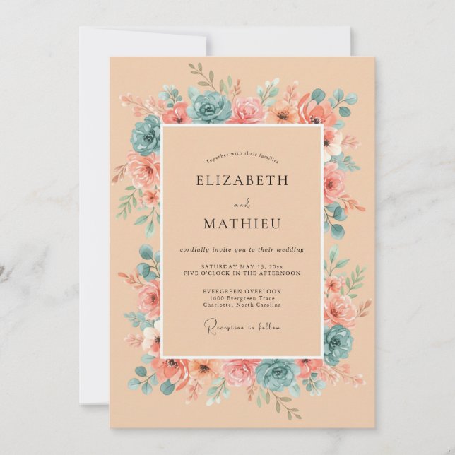Invitación Boda Botánica Romántica Melocotón Turquesa (Anverso)