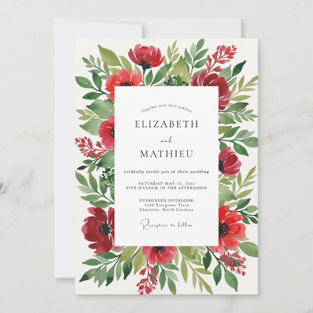 Invitación Boda Botánica Romántica Roja (Anverso)