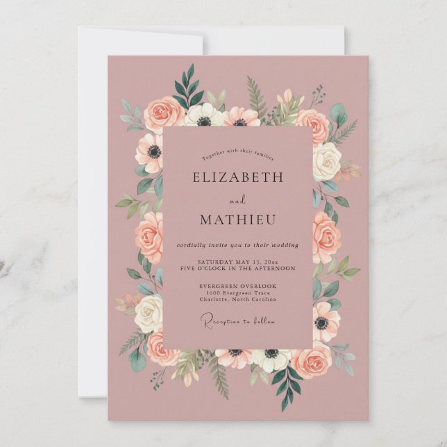 Invitación Boda Botánica Romántica Rosa Polvorienta (Anverso)
