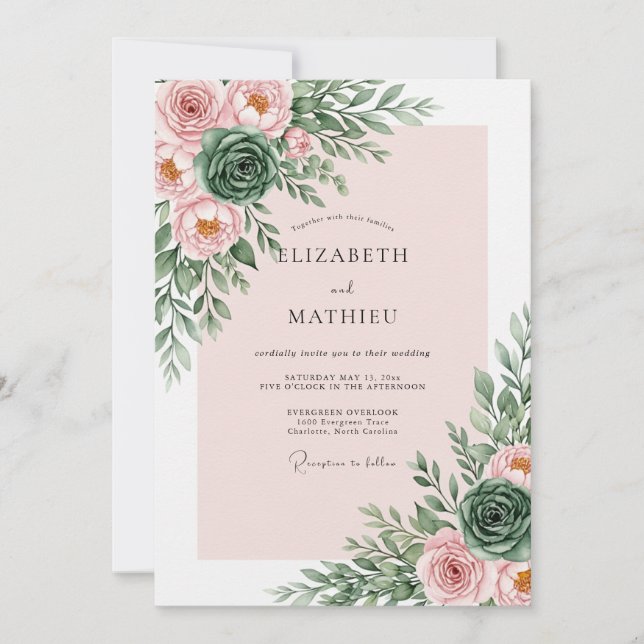 Invitación Boda Botánica Romántica Rosa Rubor (Anverso)