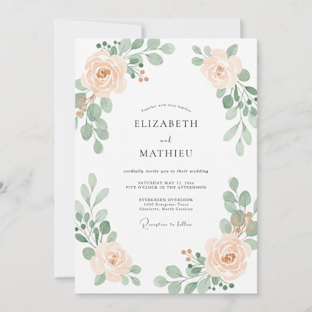 Invitación Boda Botánica Romántica Suave de Melocotón (Anverso)