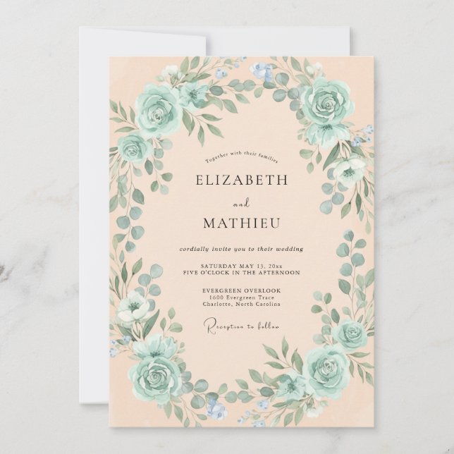 Invitación Boda Botánica Romántica Verde Espuma de Mar (Anverso)