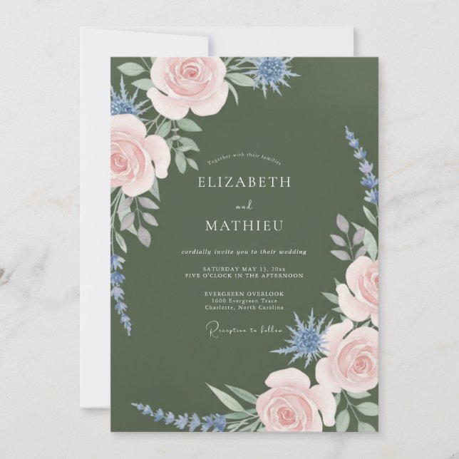 Invitación Boda Botánica Romántica Verde Oliva (Anverso)
