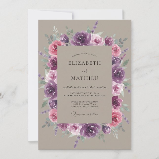 Invitación Boda Botánica Rosa Ciruela (Anverso)