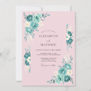 Invitación Boda Botánica Rosa Claro Turquesa