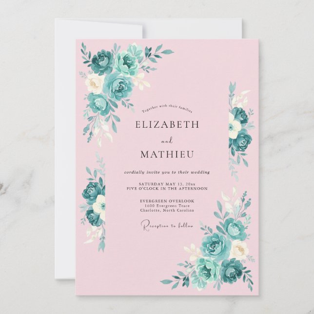 Invitación Boda Botánica Rosa Claro Turquesa (Anverso)