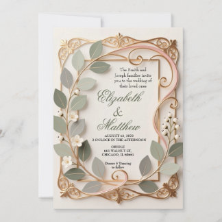 Invitación Boda Botánica Rosa con Trabajos de Oro Ornamentado