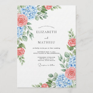 Invitación Boda Botánica Rosa Coral Azul