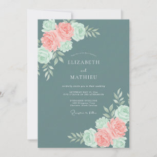 Invitación Boda Botánica Rosa Coral Teal