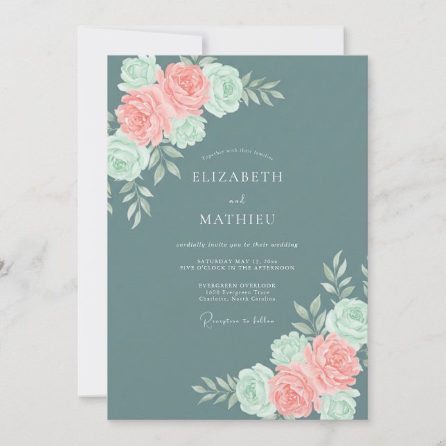 Invitación Boda Botánica Rosa Coral Teal (Anverso)