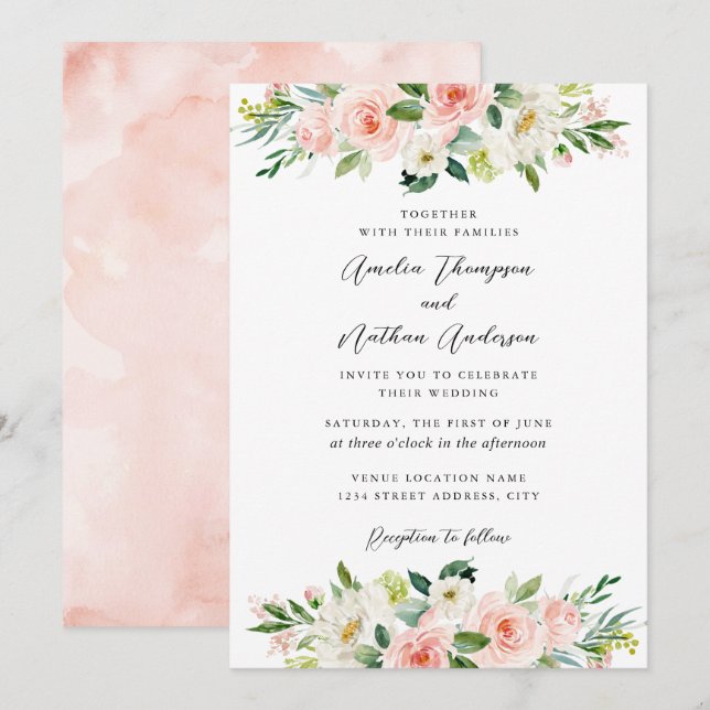 Invitación Boda Botánica Rosa Country Rústico (Anverso / Reverso)